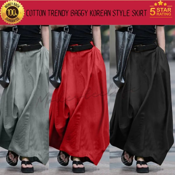 Summer All Seasons Loose Fitting Baggy Korean Maxi Women High Waist Cotton Maxi Skirt  Cool Trendy Plus Sizes Skirt