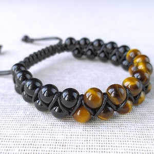 Handmade Tiger&#39;s Eye & Black Onyx Beaded Bracelet - Adjustable Gemstone Jewelry