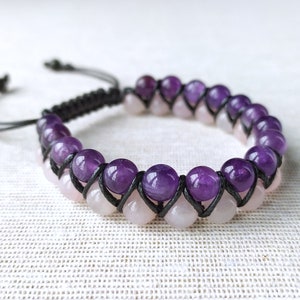 Amethyst Pink Quartz Bracelet Healing Crystal Bracelet Gemstone Jewelry Amethyst Beads Bracelet Pink Quartz Bracelet for Women Gift for Her