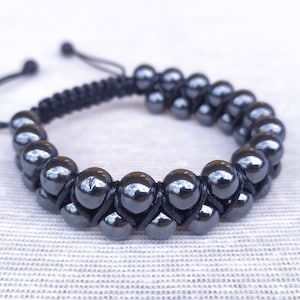 Handmade Macrame Hematite Bracelet: Adjustable Braided Crystal Jewelry