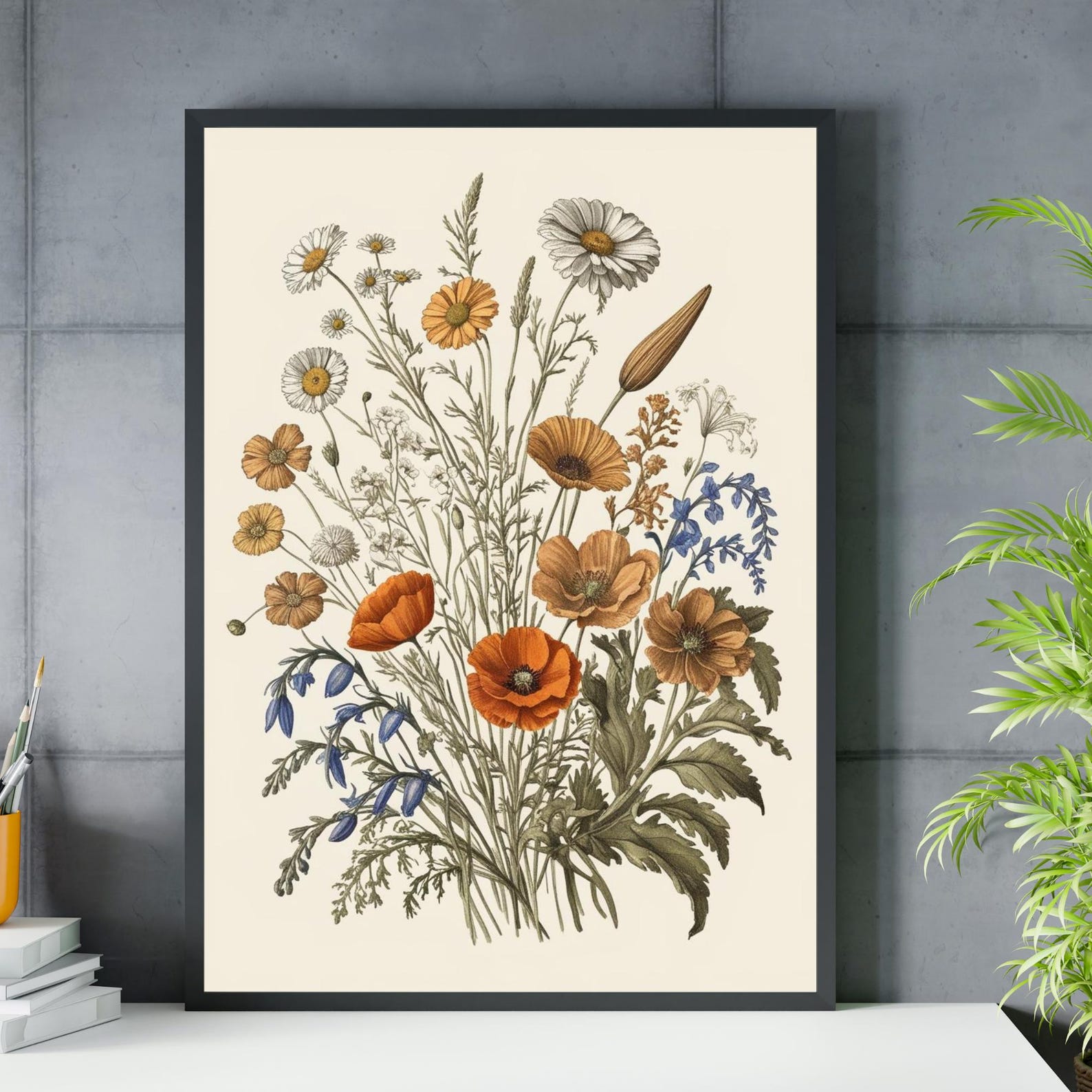 Vintage Wildflower Botanical Wall Art, Digital Download, Rustic Floral ...