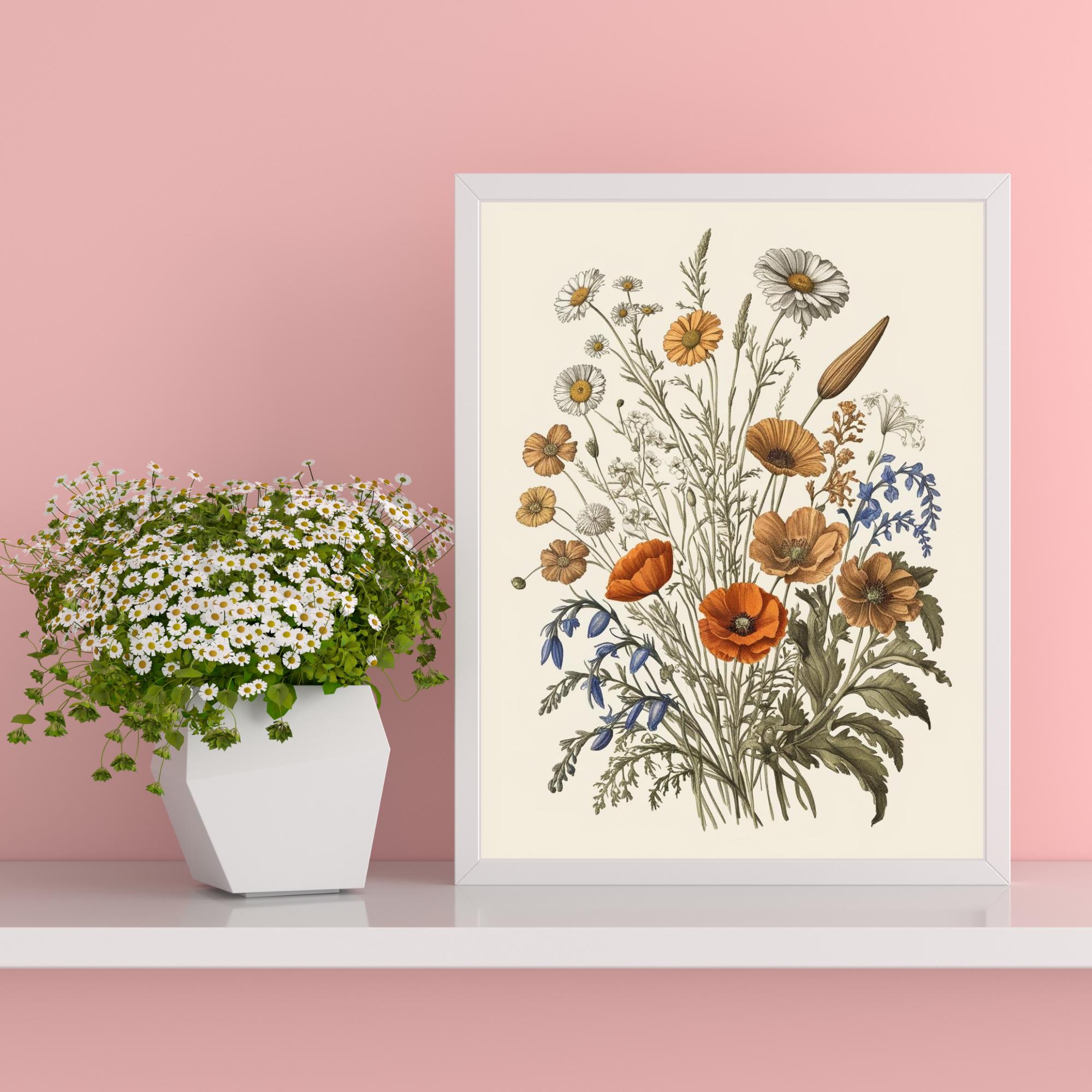 Vintage Wildflower Botanical Wall Art, Digital Download, Rustic Floral ...