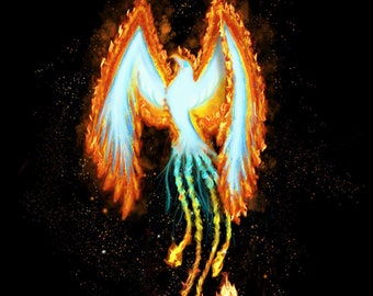 May include: A fiery phoenix with blue and yellow wings and tail feathers rises from a black background with a scattering of gold stars. The phoenix is surrounded by flames and smoke. The text "Sky Tint 2021" is in the lower right corner of the image.
