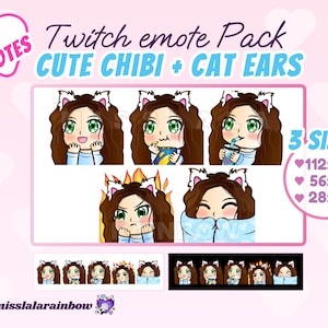 Pack of 5 emotes! Cute Chibi Girl with Cat Ears and Curly hair/ Brunette+Green Eyes /Twitch, Discord and more!
