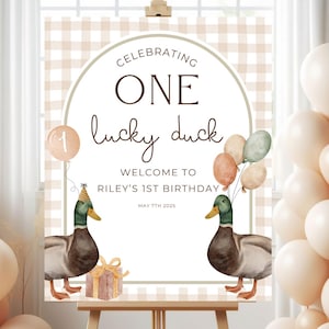 One Lucky Duck Birthday Welcome Sign Editable Lucky Duck Party Welcome Poster Gender Neutral 1st Birthday Decor Mallard Duck Theme Bday