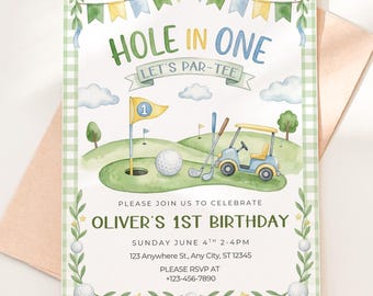 Golf First Birthday Invitation Hole in One First Birthday Party Invite Let's Par-Tee Birthday Decor Golfing 1st Birthday evite
