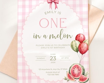 One in a Melon Birthday Invitation Watermelon First Birthday Invite Girl Summer Picnic Party Pink Gingham 1st Birthday Party Invite Pink Bow