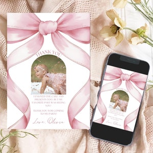 Carte de remerciement d'anniversaire avec noeud rose 1er anniversaire de filles veulent juste être un premier anniversaire Invitation modèle noeud rose d'invitation Coquette esthétique