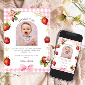 Carte de remerciement premier anniversaire Berry 1er anniversaire Fraise Décorations d'anniversaire fille douce Berry Tag evite imprimable modifiable