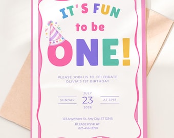 Its Fun to be One Birthday Invitation Fun to be One Invite One is Fun First Birthday Colorful Pastel 1st Birthday Template Digital Download