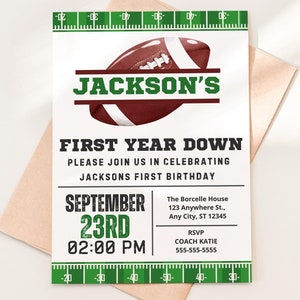 First Year Down Invite First Down Birthday Invitation Football 1st Birthday Boy Football theme Printable invite Rookie Year Birthday Evite