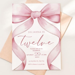 Pink Coquette Invite 12th Birthday Invitation Girl Twelfth Pink Bow Birthday Evite Tween Birthday Party Bow Party Invitation editable