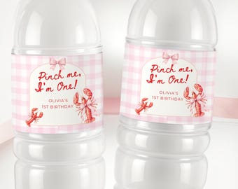 Pinch Me I'm One Girl Birthday Water Bottle Label Lobster Broil 1st Birthday Nautical Low Country Crawfish Boil First Bday Drink Label