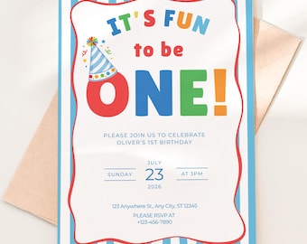Its Fun to be One Birthday Invitation Fun to be One Invite One is Fun First Birthday Colorful 1st Birthday Template Digital Download