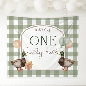 One Lucky Duck Birthday Personalized Banner 1st Birthday Lucky Duck Party Decor Photo Backdrop Duck Custom Banner First Birthday Ideas