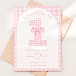 1st birthday invitation Pink Coquette Invite first Birthday Invite Girl one Gingham Pink Bow Birthday Girls just wanna be One Party decor