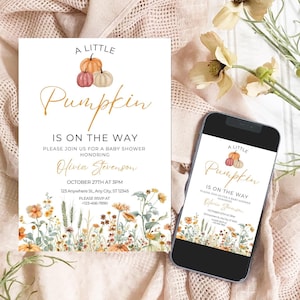 A Little Pumpkin Is On the Way Invite Pumpkin Baby Shower Invitation Autumn Baby shower evite Fall theme Baby shower Invitation template
