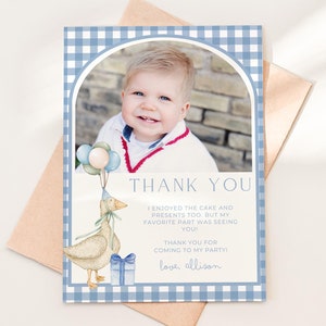Carte de remerciement d'anniversaire One Silly Goose 1er anniversaire de l'oie sur le thème du premier anniversaire, étiquettes de faveur, modèle modifiable Fête One Lucky Duck