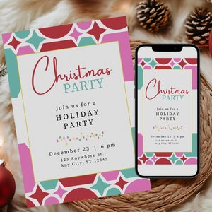 Roze kerstfeestuitnodiging Digitale Friendsmas-feestuitnodiging Feestdag uitnodigen Bewerkbare sjabloon Modern kerstfeest werkfeest