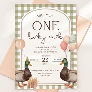 One Lucky Duck Birthday Invite Mallard Duck First Birthday 1st Birthday Duck theme Decor Editable  Invitation Duck Party Decorations