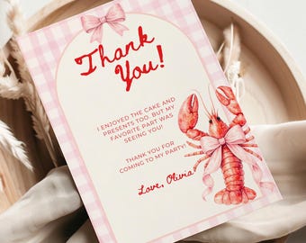 Pinch Me I'm One Girl Birthday Thank you Card Lobster Broil 1st Birthday Nautical Low Country Crawfish Boil Summer First Bday Favor Tag