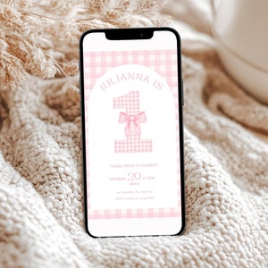 1st birthday invitation Pink Coquette Invite first Birthday Invite Girl one Gingham Pink Bow Birthday Girls just wanna be One Party decor