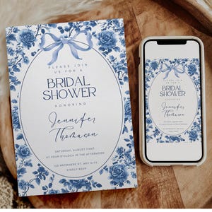 Chinoiserie Bridal Shower Invitation Toile Bridal Shower Vintage Floral Chinoiserie Invite Something blue before I do bridal brunch Blue Bow