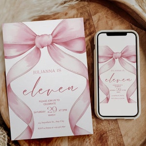 以下が含まれることがあります： ピンクと白の招待状で、大きなピンクのリボンと「Julianna is eleven」と「Please join us to celebrate Saturday, March 29 at 2pm 123 Anywhere St., Any City RSVP to Donna at 456-7890」のテキストが書かれています。