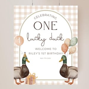 One Lucky Duck Birthday Welcome Sign Editable Lucky Duck Party Welcome Poster Gender Neutral 1st Birthday Decor Mallard Duck Theme Bday