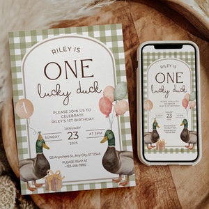 One Lucky Duck Birthday Invitation Boys First Birthday Invite Mallard Duck Watercolor Duck Gingham 1st Birthday Party Invite