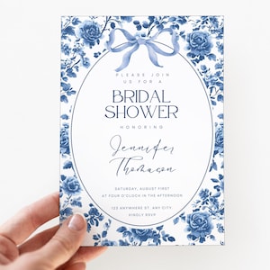 Chinoiserie Bridal Shower Invitation Toile Bridal Shower Vintage Floral Chinoiserie Invite Something blue before I do bridal brunch Blue Bow