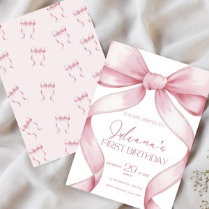Pink Bow Birthday Invitation 1st Birthday Girls Just Wanna Be ONE First Birthday Invite Pink Bow Invitation Template Coquette Aesthetic