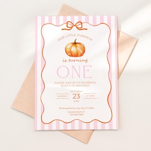 Our Little Pumpkin First Birthday Invitation Girl Fall Birthday Invite Pink Pumpkin Theme Editable Autumn One Printable Template Canva