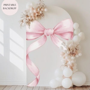 Pink Bow Baby Shower Balloon Arch Backdrop Blush Pink Ribbon Bow Welcome Sign Pink Coquette Baby Shower Photo Background Printable Template