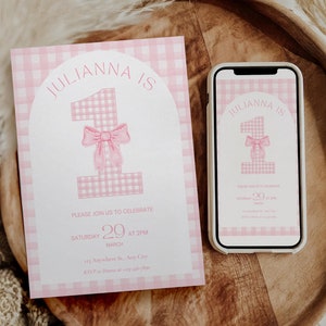 1st birthday invitation Pink Coquette Invite first Birthday Invite Girl one Gingham Pink Bow Birthday Girls just wanna be One Party decor