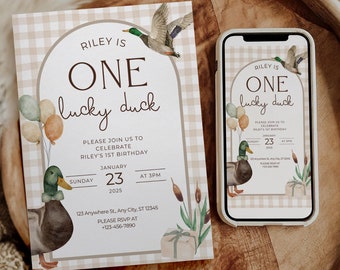 Eine glückliche Ente Geburtstagseinladung Jungen erster Geburtstag einladen Stockente Aquarell Ente Gingham 1st Birthday Party einladen
