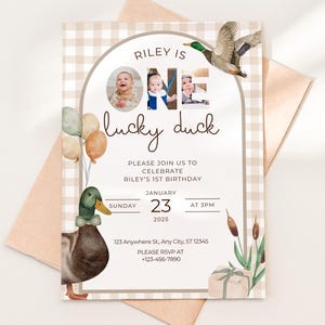 One Lucky Duck Birthday Invitation Boys First Birthday Invite Mallard Duck Watercolor Duck Gingham 1st Birthday Party Invite