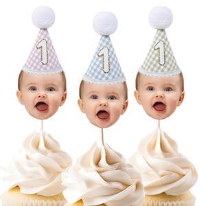 Gingham First Birthday Cupcake Toppers Photo Food Picks Gingham Birthday Decorations Digital Download Printable 1st Birthday Decorations