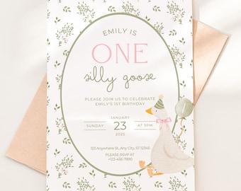 Eine Dumme Gans Geburtstag Einladen Vintage Blumen Erster Geburtstag 1. Geburtstag Dumme Gans Dekor Bearbeitbare Einladung Kinderreim Geburtstag