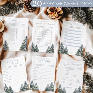 Baby It&#39;s Cold Outside Winter Wonderland Bundle Blue Bow Winter Baby Shower Games Bundle Wydrukowane aktywności na Baby Shower Edytowalne gry