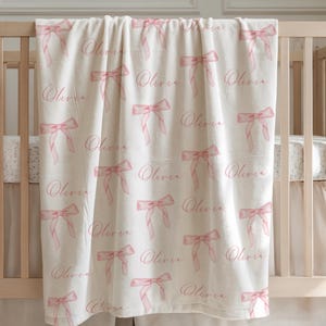 Manta personalizada con lazo rosa para niña, manta de coqueta de cuadros vichy, regalo personalizado para bebé, regalo para baby shower, regalo para niña recién nacida.