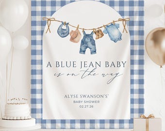 Blue Jean Baby Shower Personalized Banner Denim Baby Sprinkle Decor Photo Backdrop Custom Banner Boy Cowboy Baby Shower Ideas