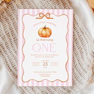 Our Little Pumpkin First Birthday Invitation Girl Fall Birthday Invite Pink Pumpkin Theme Editable Autumn One Printable Template Canva