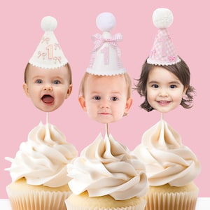 Pink Bow first birthday Cupcake topper Coquette Gingham decor First Birthday photo cupcake topper 1st birthday Girls just wanna be one