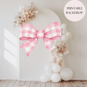 Sfondo per addio al nubilato con fiocco rosa, tema Coquette, sfondo con arco di palloncini, si sta sposando, cartello di benvenuto per addio al nubilato, estetica Coquette