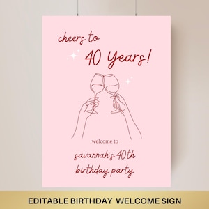 Cheers to 40 Years Welcome Sign Aesthetic Birthday Welcome Sign Modern Birthday Welcome Sign Template Pink Decor Wine Birthday hand drawn