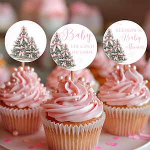 Pink Baby Its Cold Outside Baby Shower Cupcake Toppers Winter Wonderland Baby Shower Decoration Snowflake Baby Girl Shower Editable Template