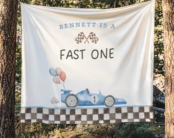Fast One Birthday Personalized Banner 1st Birthday Racecar Party Decor Photo Backdrop Racing Custom Banner first lap down Wall Decor
