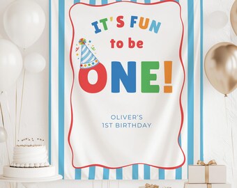 Its Fun to be One Birthday Personalized Banner Fun 1st Birthday Colorful Party Decor Photo Backdrop Boy's Custom Banner First Birthday Ideas