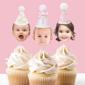 Pink Bow first birthday Cupcake topper Coquette Gingham decor First Birthday photo cupcake topper 1st birthday Girls just wanna be one